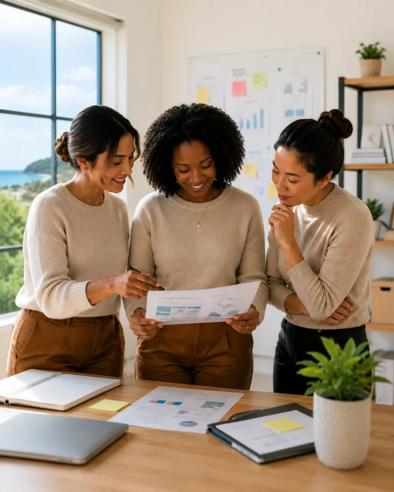 Three professional women collaborating in a bright office, representing therapy for career stress, work-life balance, and professional growth.