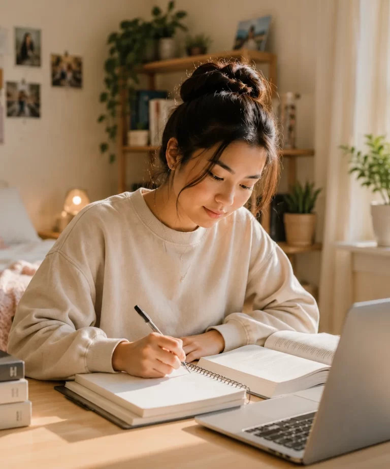 Young woman studying at home, representing therapy for college women and young adults.