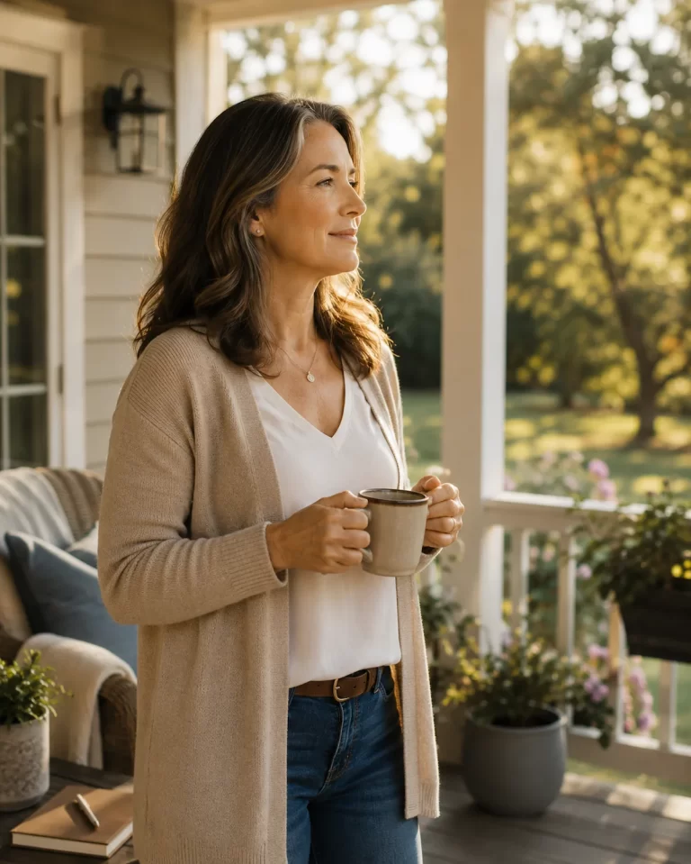 Woman reflecting peacefully on her porch, representing midlife, personal growth, and life’s transitions.