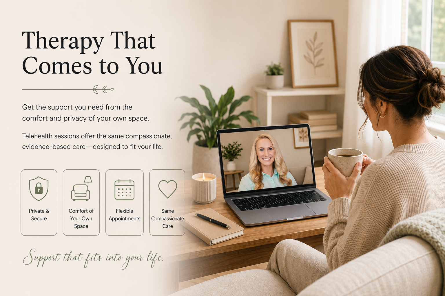 Woman participating in a secure online therapy session with Sara Calhoun through a laptop from the comfort of her home.