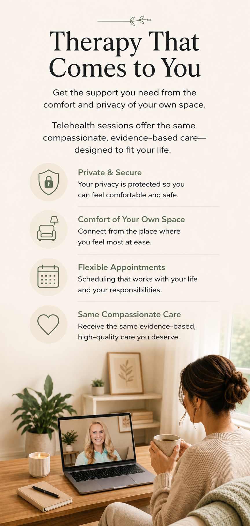 Woman participating in a secure online therapy session with Sara Calhoun through a laptop from the comfort of her home.