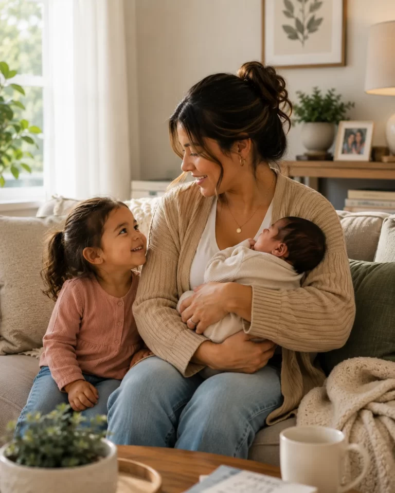 Mother holding her newborn while interacting with her young child, representing pregnancy, postpartum, and motherhood support.