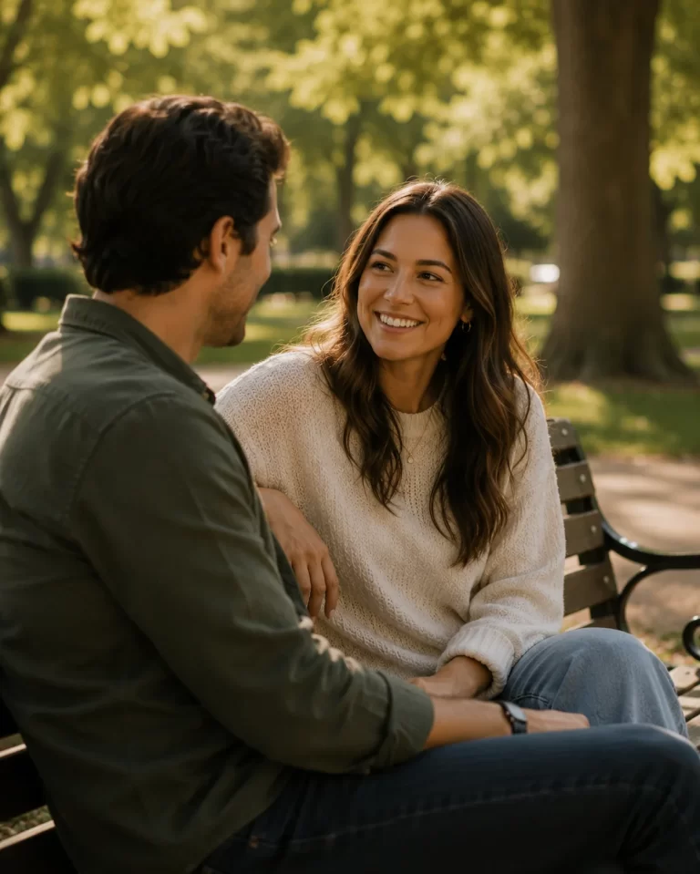Woman talking with her partner on a park bench, representing healthy relationships and emotional connection.