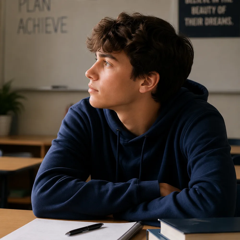 Student seated in a classroom looking thoughtfully out the window, representing attention and executive functioning challenges evaluated during an ADHD assessment.
