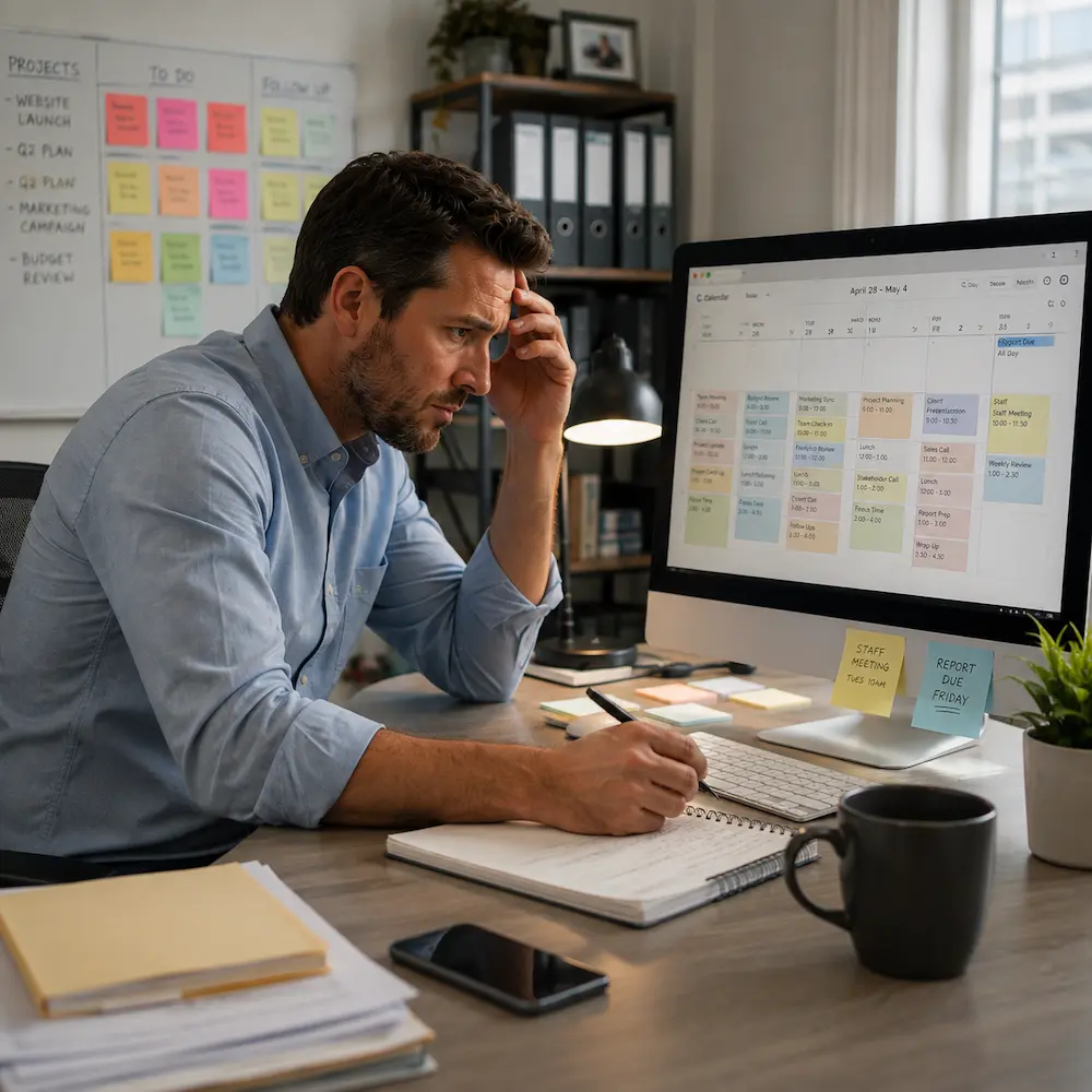 Adult professional reviewing a busy work calendar while managing competing responsibilities, illustrating organization, planning, time management, and executive functioning challenges commonly evaluated during an ADHD assessment.