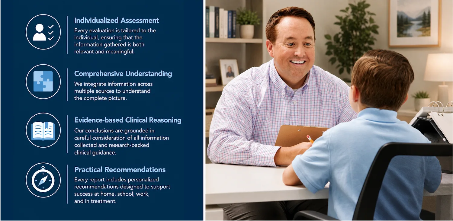 Assessment philosophy at Calhoun Psychology highlighting individualized assessment, comprehensive understanding, evidence-based clinical reasoning, and practical recommendations.