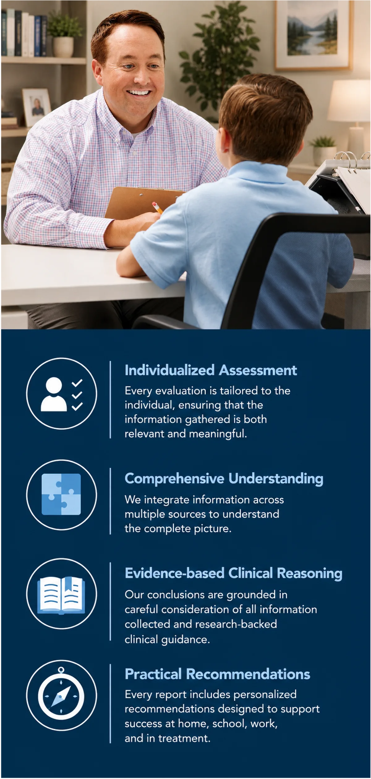 Assessment philosophy at Calhoun Psychology highlighting individualized assessment, comprehensive understanding, evidence-based clinical reasoning, and practical recommendations.
