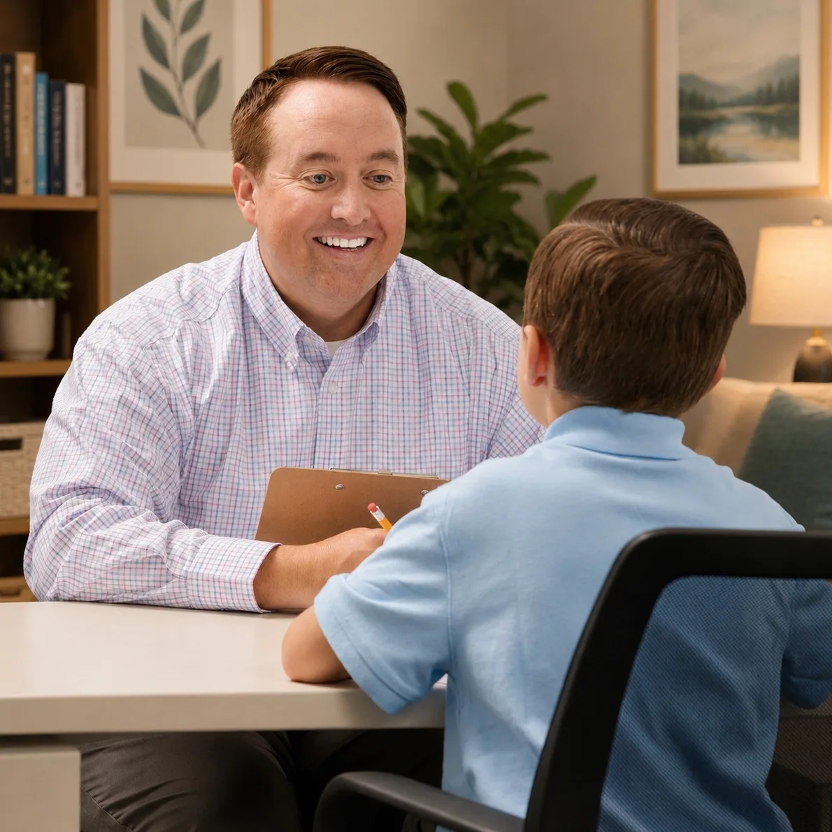 Psychologist meeting with a child during a comprehensive psychological evaluation in a comfortable assessment office.