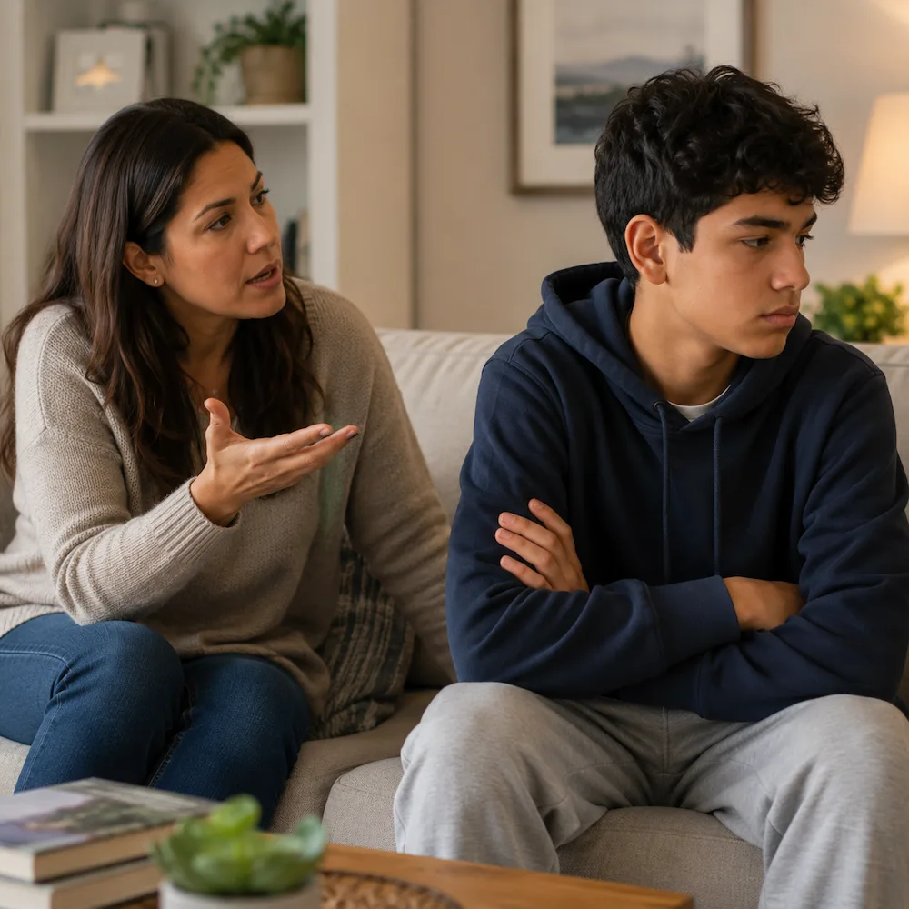 Teen turning away from parent during a difficult conversation.