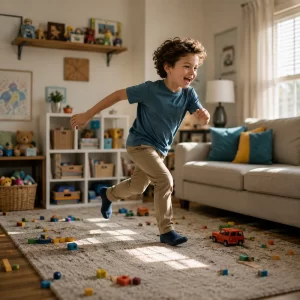 Young child running energetically through a family living room, illustrating hyperactive behaviors commonly associated with ADHD in children.