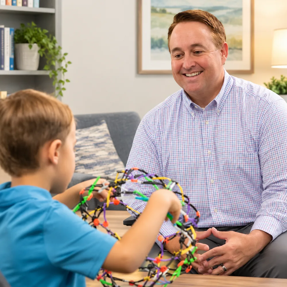 Therapist engaging a child in a warm, welcoming office using a hands-on activity during a child and teen therapy session.