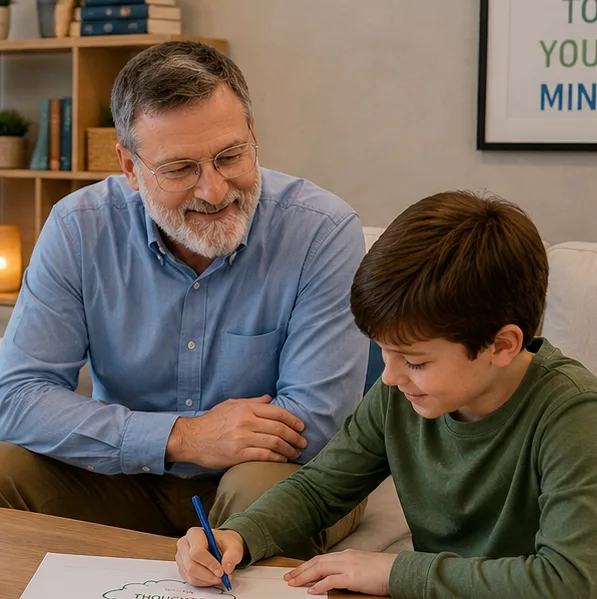Child therapist engaging with a young client during a therapy session in a warm, welcoming therapy office.