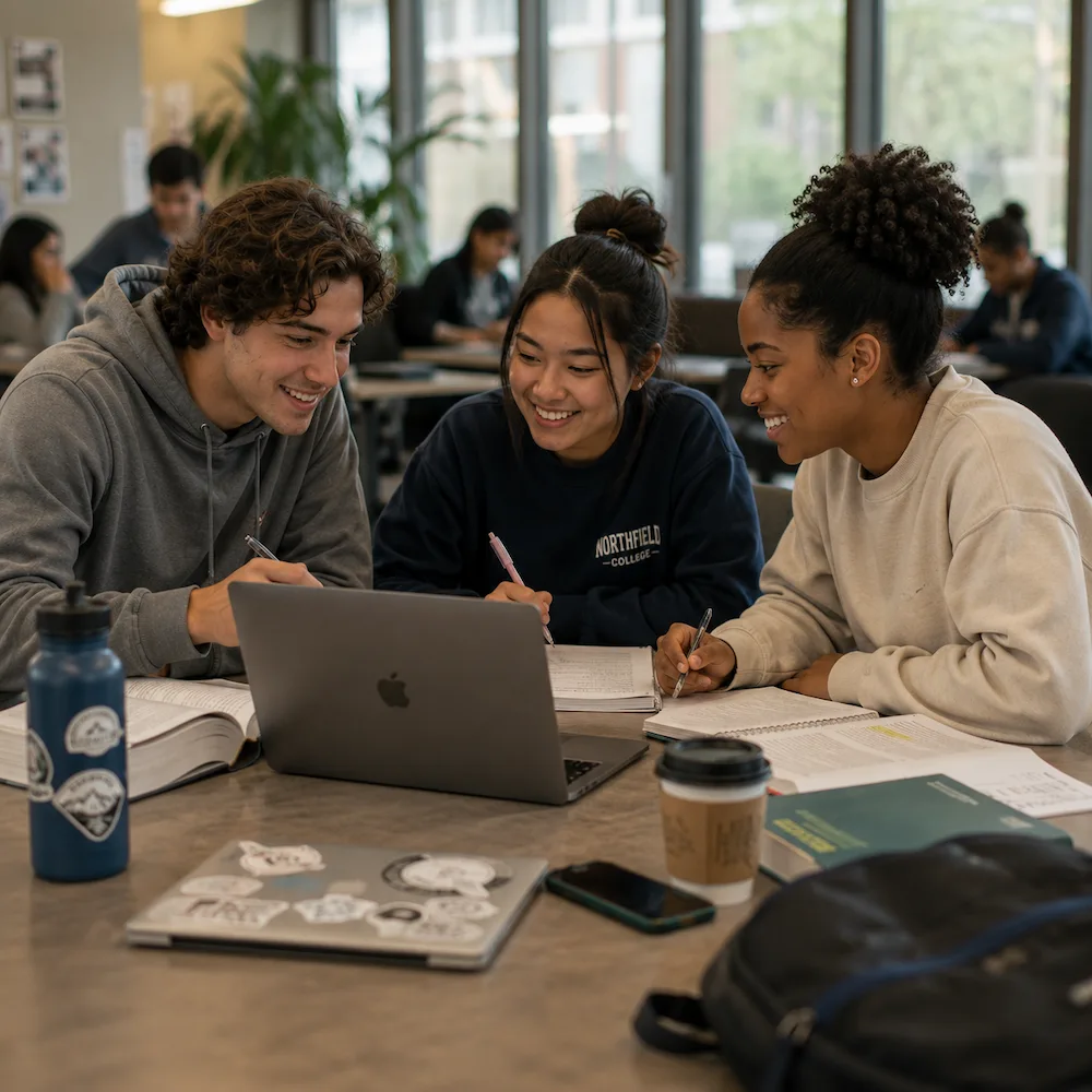 College students studying together in a campus learning space, illustrating executive functioning, organization, attention, and time management challenges commonly evaluated during an ADHD assessment.