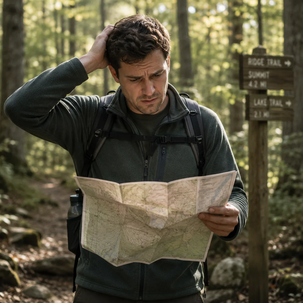 Man looking confused while reading a map on a forest trail.