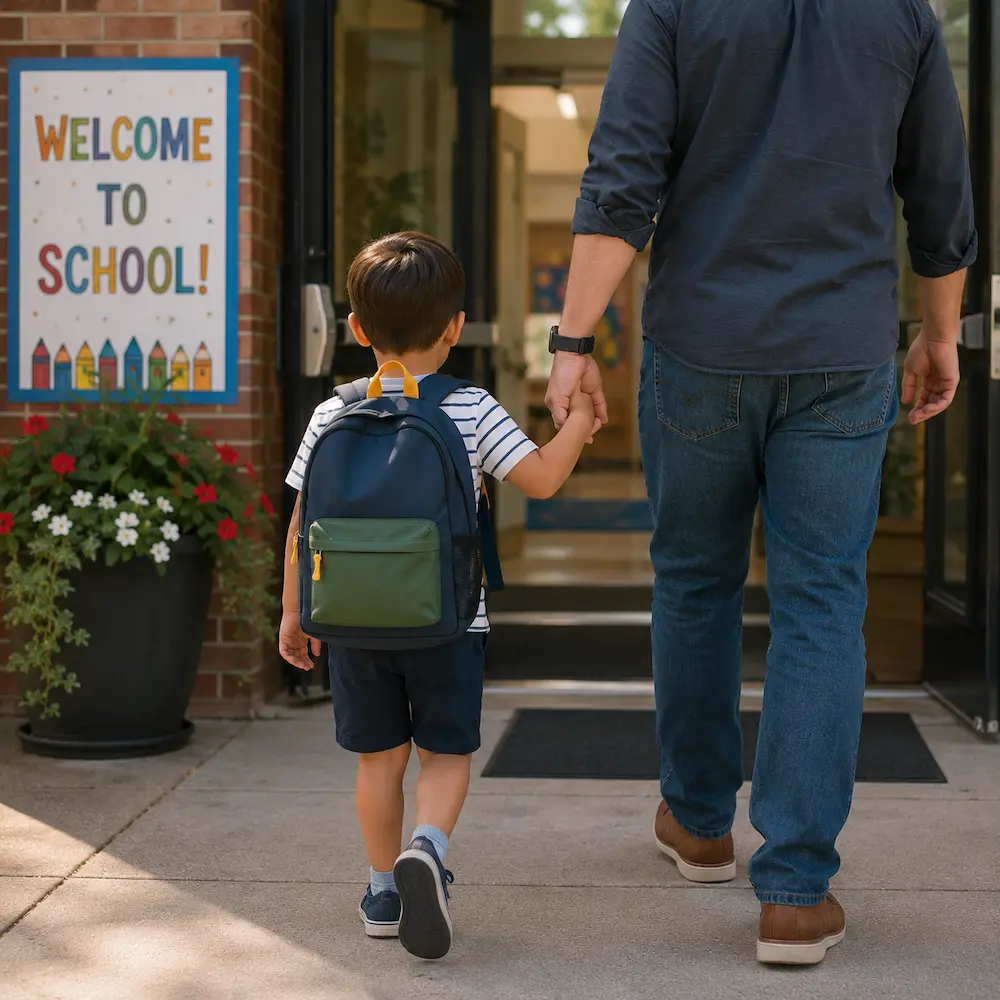 Young child holding a parent’s hand while walking into school, representing school readiness and early kindergarten entry evaluations.
