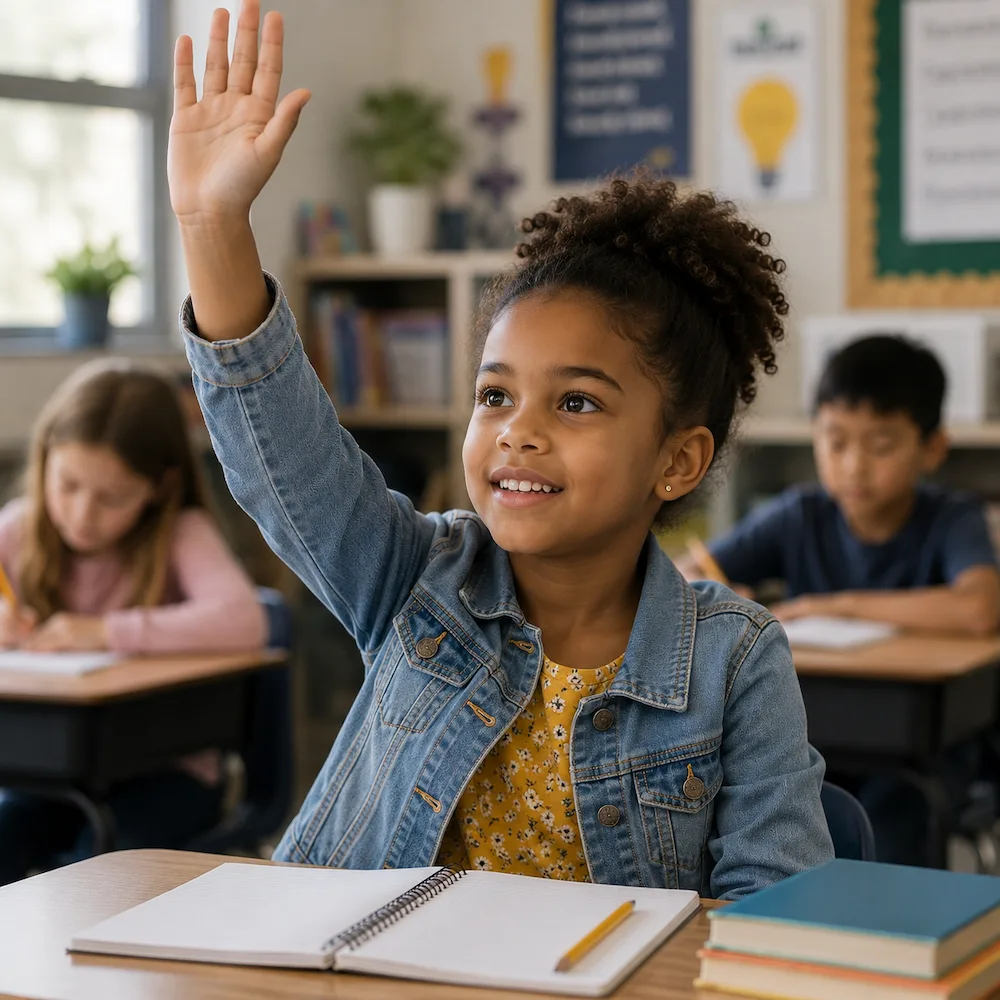 Student enthusiastically raising her hand in class, representing the curiosity, advanced reasoning, and intellectual strengths explored during gifted and IQ testing.