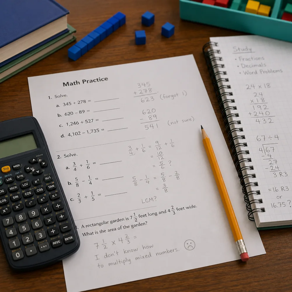 Math worksheet with handwritten calculations, a calculator, and number blocks illustrating mathematics challenges associated with dyscalculia and other learning disabilities.