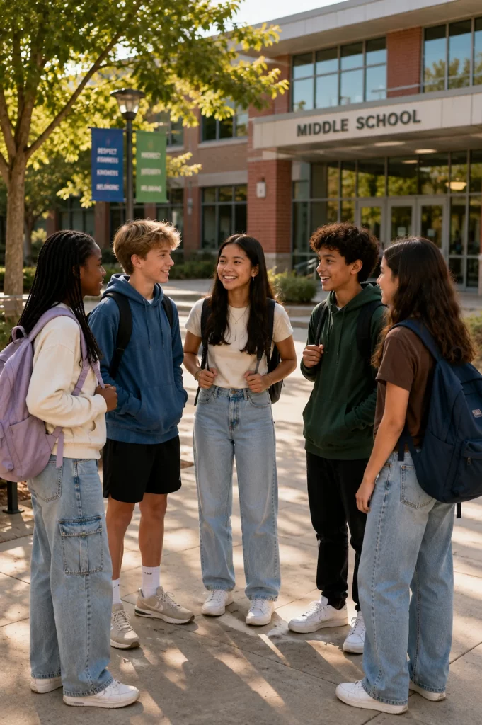 Middle school students talking together outside their school, representing friendships, peer relationships, and social development.