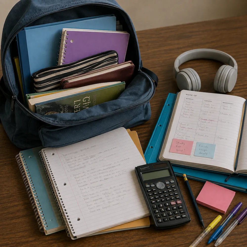 Open backpack with folders, notebooks, planner, calculator, headphones, pencils, and other school materials illustrating the wide range of factors that may contribute to learning challenges.