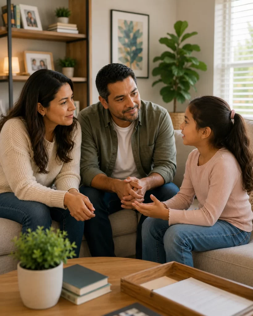 Parents listening attentively as their daughter shares her thoughts during a family therapy conversation.