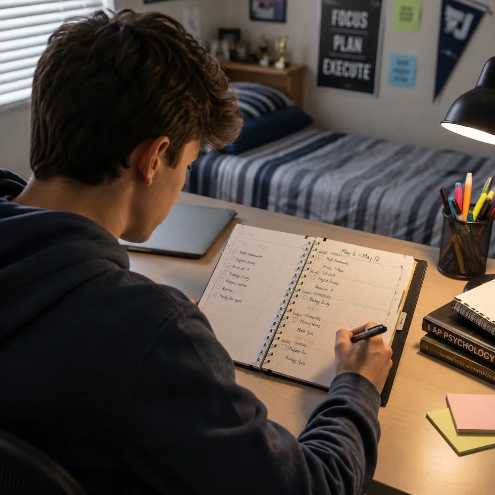 Teenager using a planner to organize school assignments and manage deadlines while studying at a desk, illustrating attention and executive functioning skills evaluated during a psychoeducational assessment.