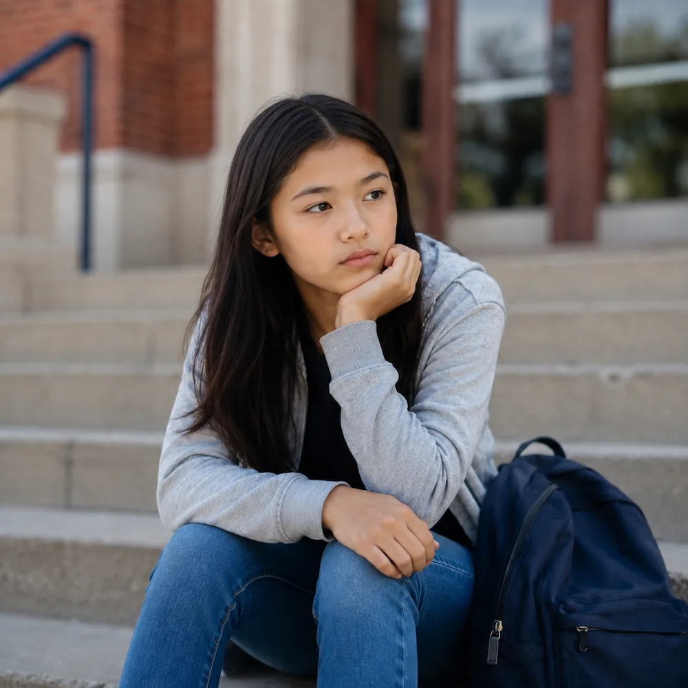Middle school-aged student sitting outdoors in a reflective pose, illustrating emotional and behavioral concerns that may be explored during a psychoeducational evaluation.