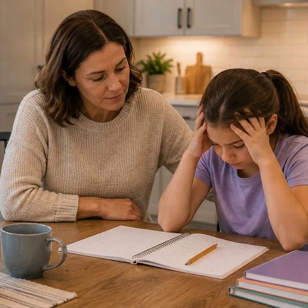 Parent supporting a child during schoolwork at home, representing the collaborative approach and comprehensive assessment of learning, cognitive, and academic functioning during a psychoeducational evaluation.