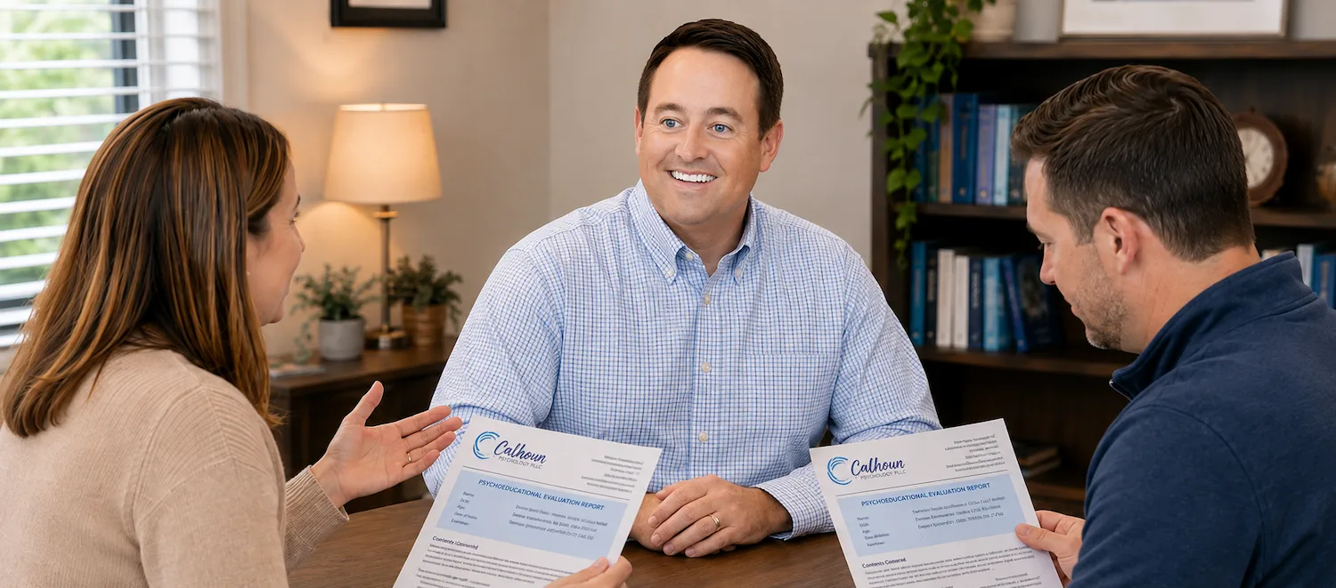 Licensed psychologist meeting with parents to review psychoeducational evaluation results and discuss individualized recommendations during a feedback session.