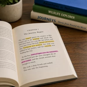 Open chapter book with highlighted text illustrating reading and comprehension challenges associated with dyslexia and other learning disabilities.