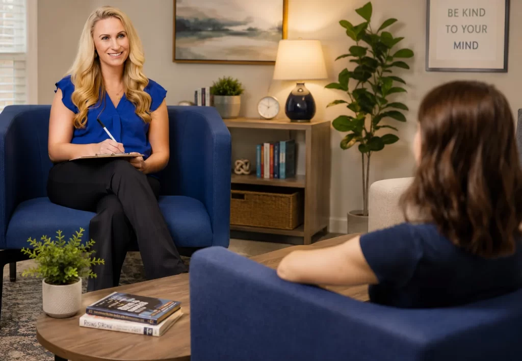 Therapist using research-supported interventions during an individual therapy session in a welcoming counseling office.