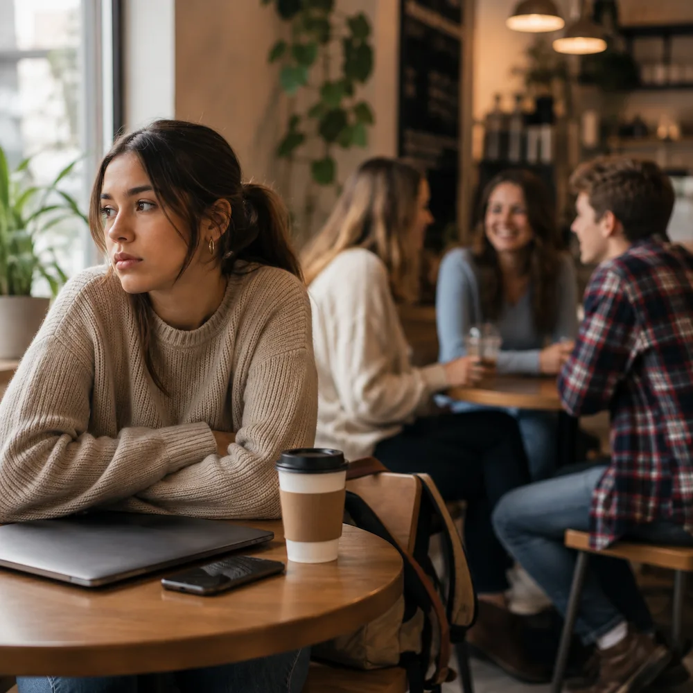 College-aged woman sitting apart from peers talking together in a coffee shop.