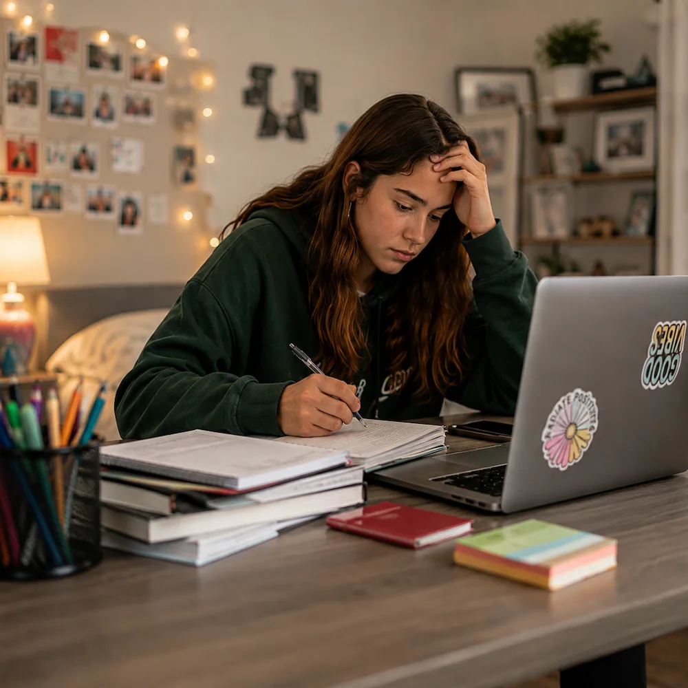 Teen studying at a desk while feeling overwhelmed, illustrating attention, organization, and executive functioning challenges commonly associated with ADHD during adolescence.