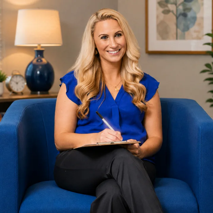 Licensed women’s mental health therapist seated in a welcoming counseling office.