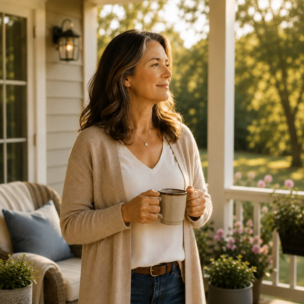 Woman standing on a porch holding a coffee mug while reflecting peacefully, representing therapy for midlife, life transitions, stress, and women’s mental health.