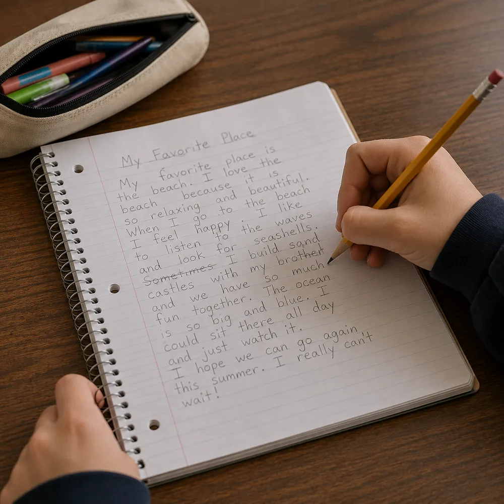 Student handwriting an essay in pencil with uneven spacing and letter formation, illustrating writing challenges associated with dysgraphia and other learning disabilities.